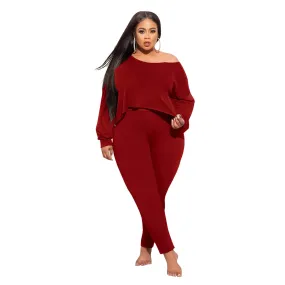 Women Plus Size Solid Color Diagonal Collar Long Sleeve Irregular Top Leggings Casual Suit