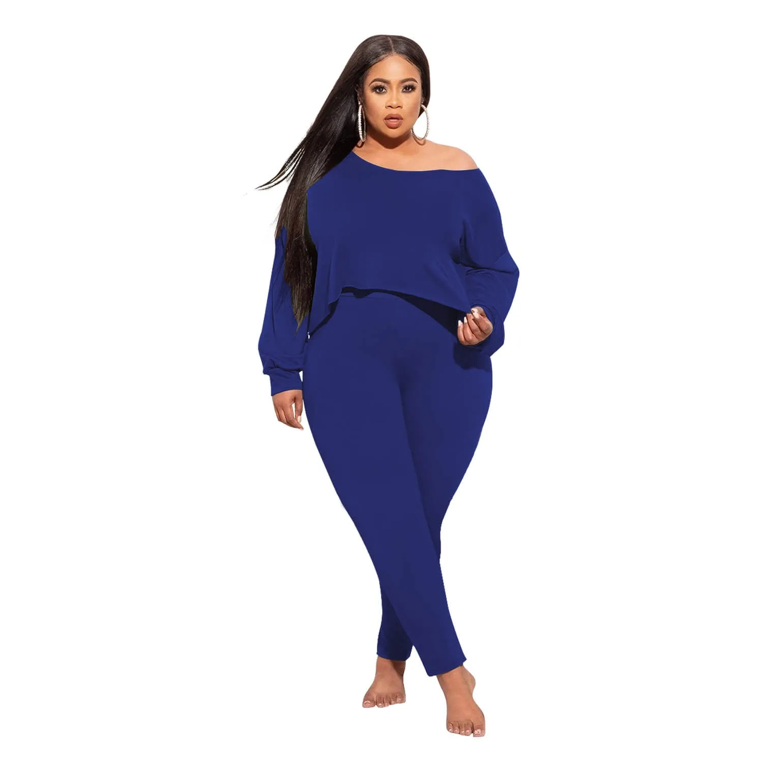 Women Plus Size Solid Color Diagonal Collar Long Sleeve Irregular Top Leggings Casual Suit