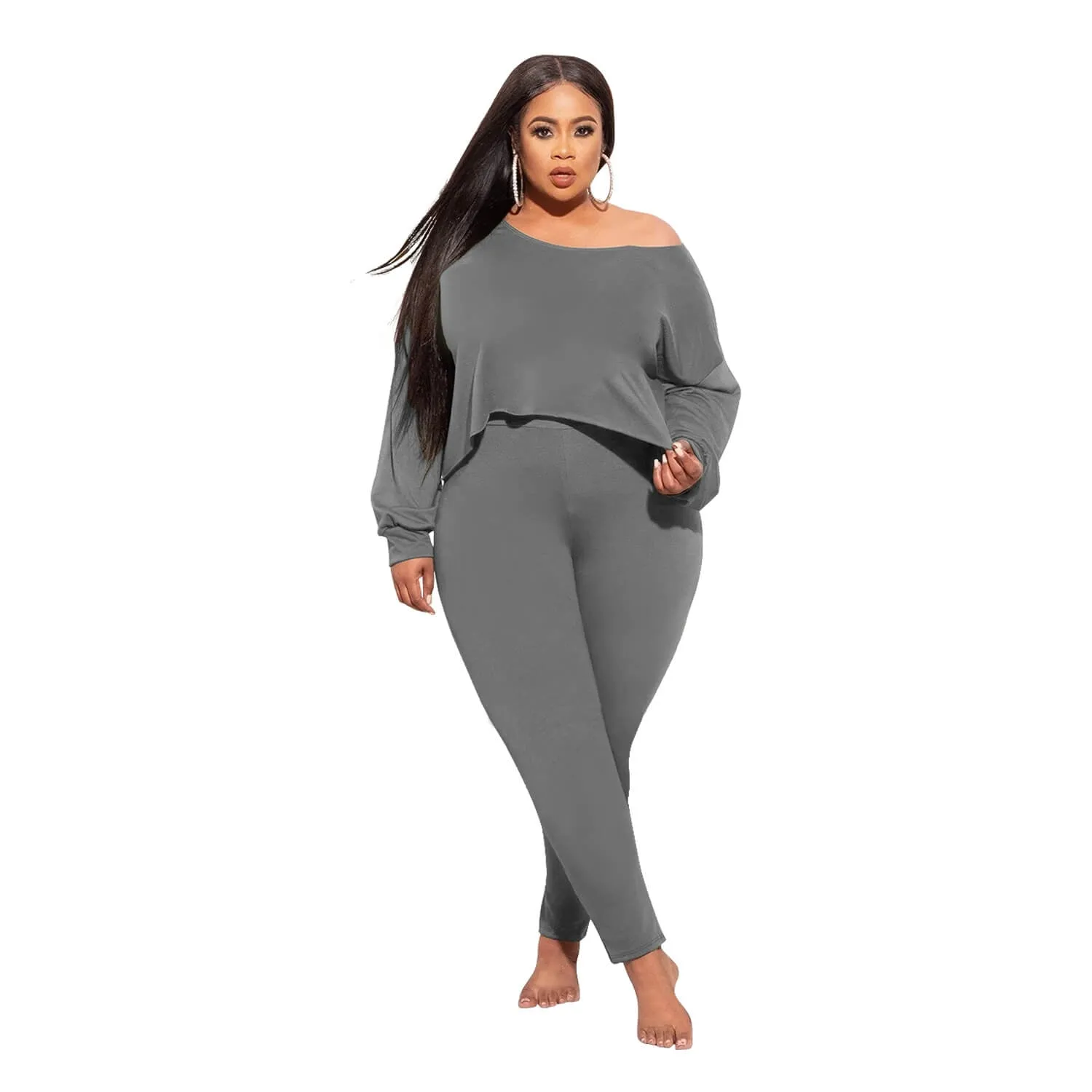 Women Plus Size Solid Color Diagonal Collar Long Sleeve Irregular Top Leggings Casual Suit