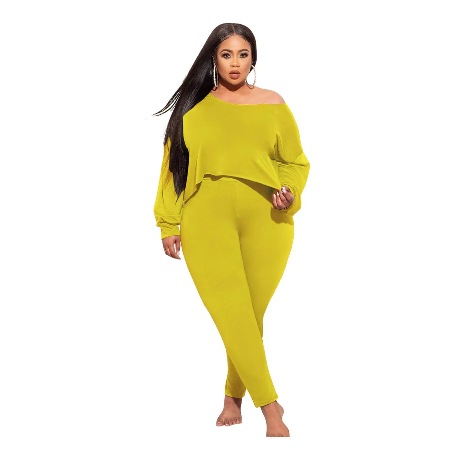 Women Plus Size Solid Color Diagonal Collar Long Sleeve Irregular Top Leggings Casual Suit