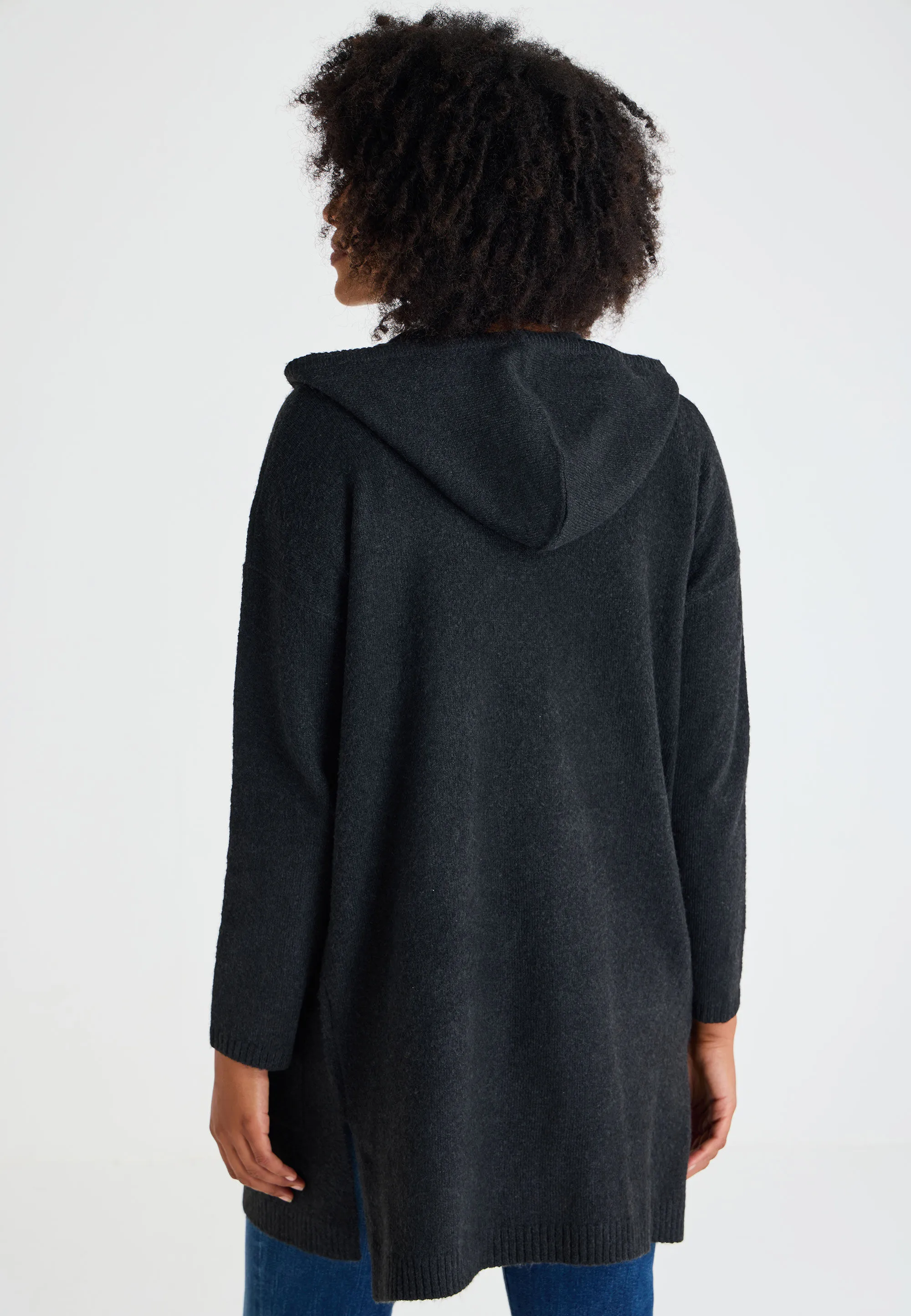 Womens Black Plain Hooded Cardigan