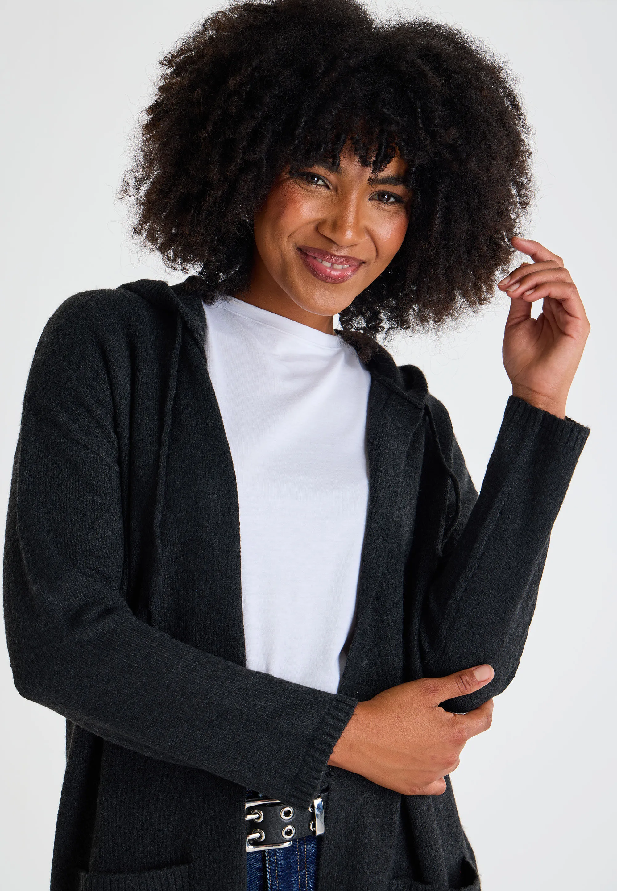 Womens Black Plain Hooded Cardigan