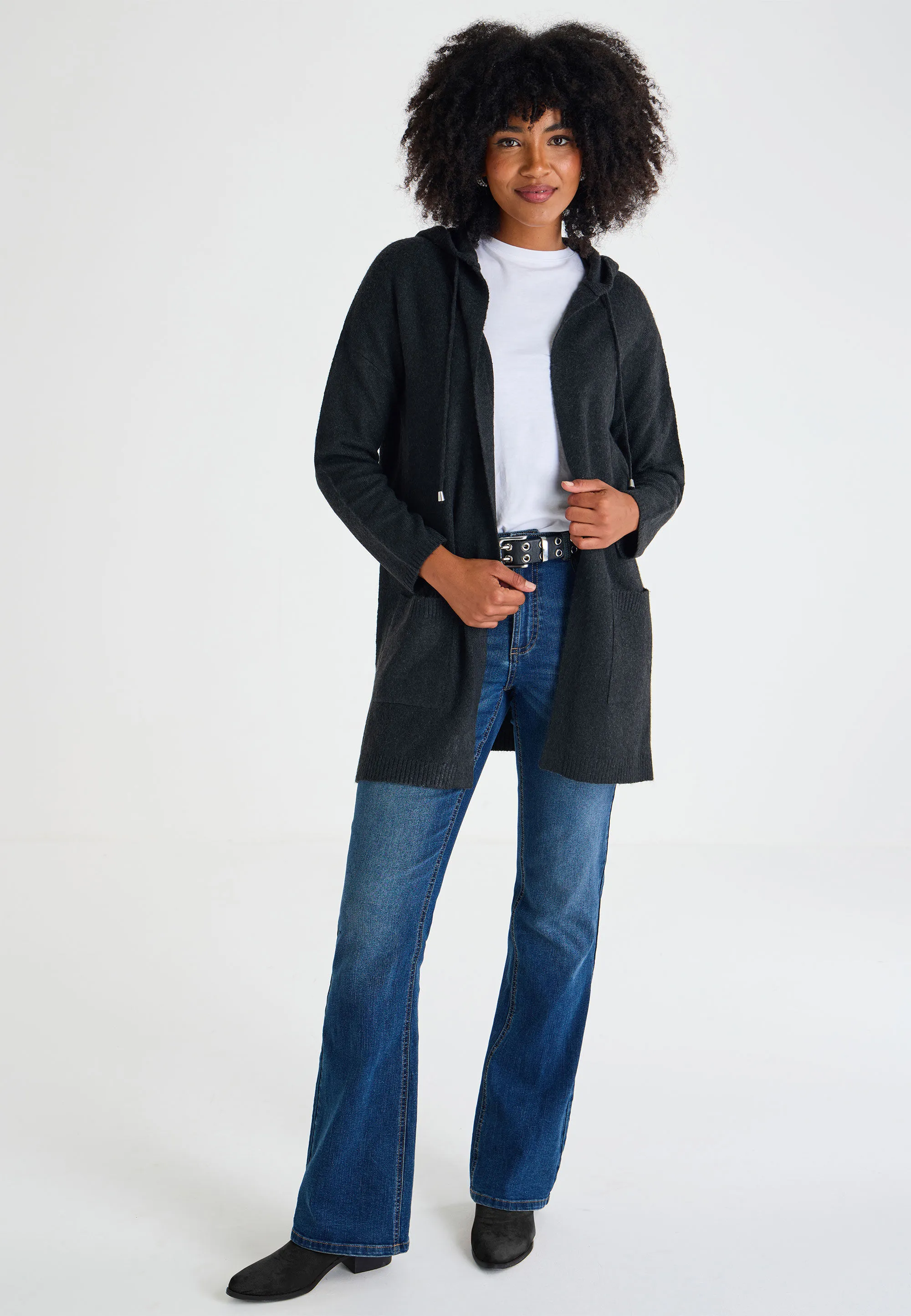 Womens Black Plain Hooded Cardigan