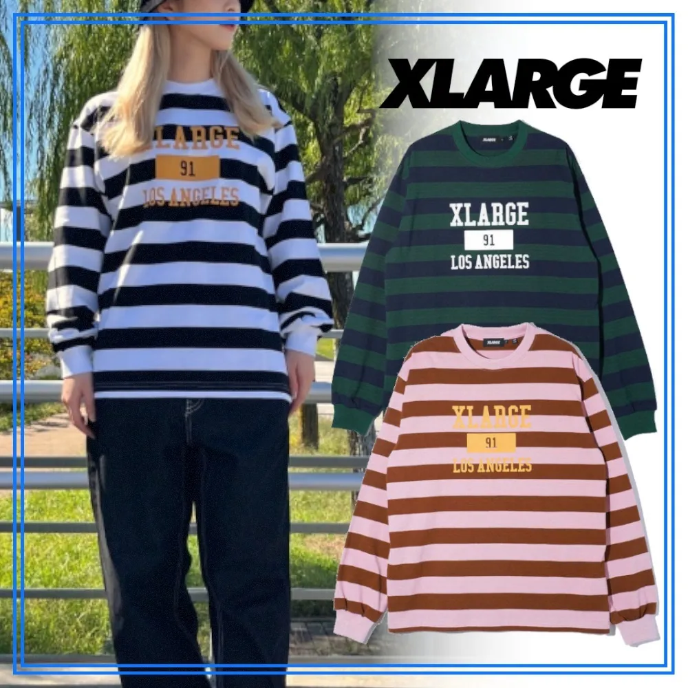 X-Large  |Crew Neck Pullovers Stripes Unisex Street Style Cotton